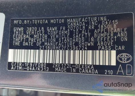 2015 Toyota Corolla S Plus z USA, uszkodzony, nr VIN 2T1BURHE2FC396724